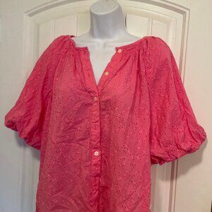On 34th Puffy Sleeve Top Button Front SZ M Pretty Melon Color! Washable Cotton